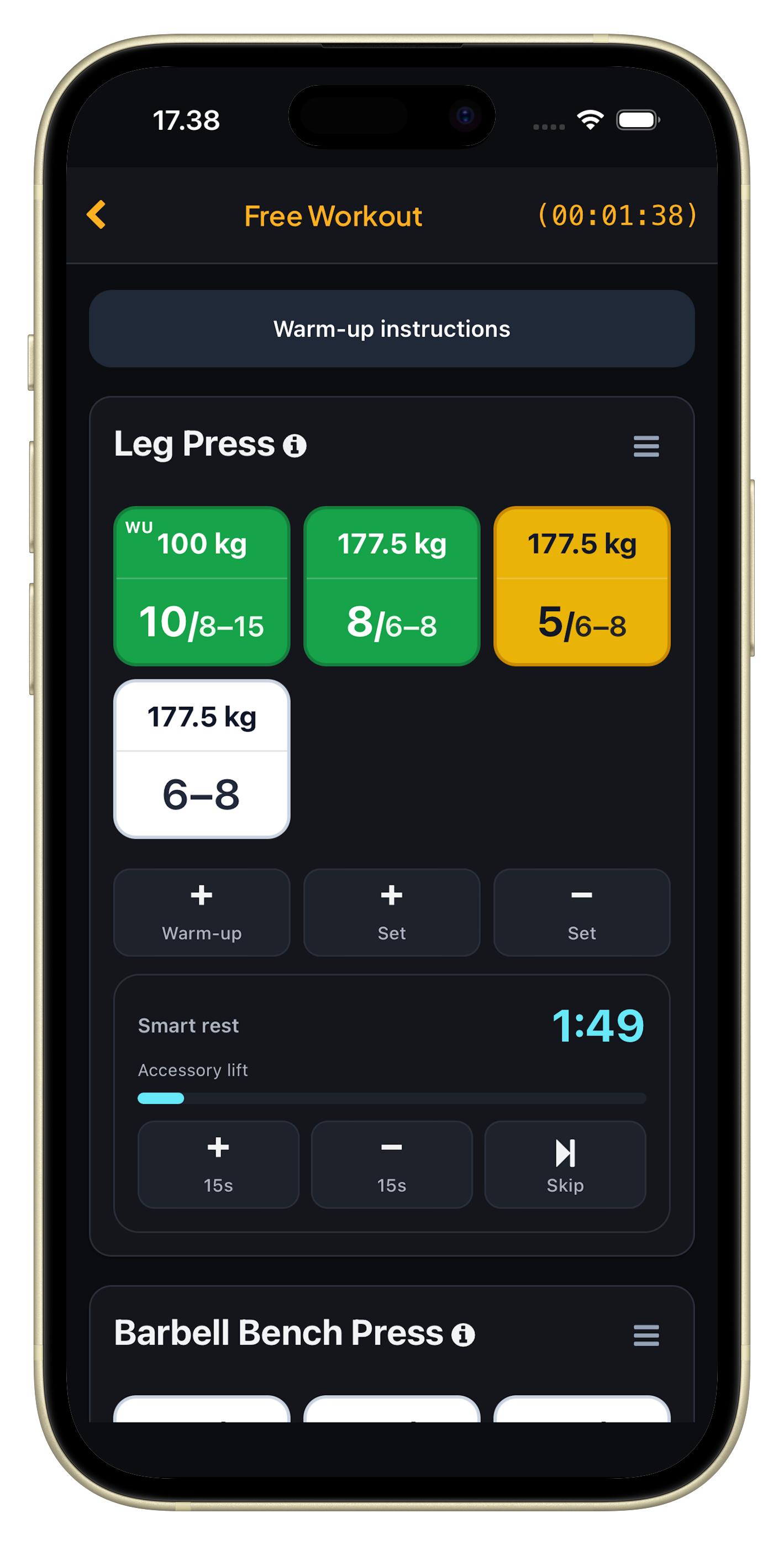 TenReps active workout screen with Leg Press sets and a smart rest timer