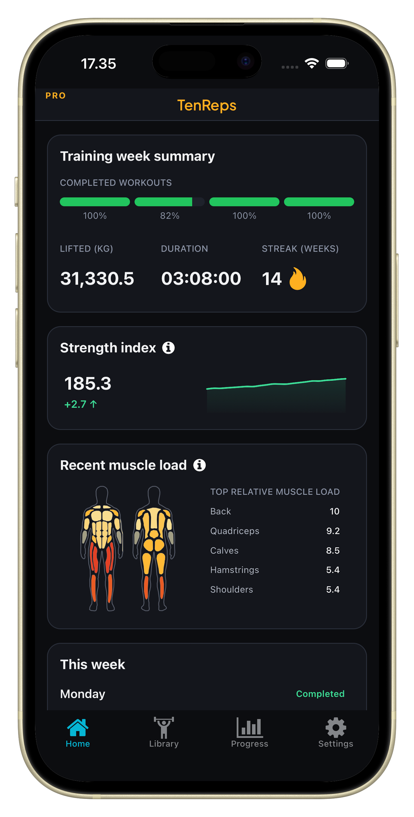 TenReps home screen showing training week summary, strength index and muscle load